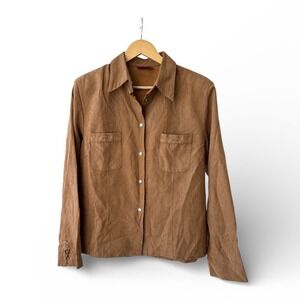 Womens Brown Faux Suede Button Up Shirt Long Sleeve Casual Top